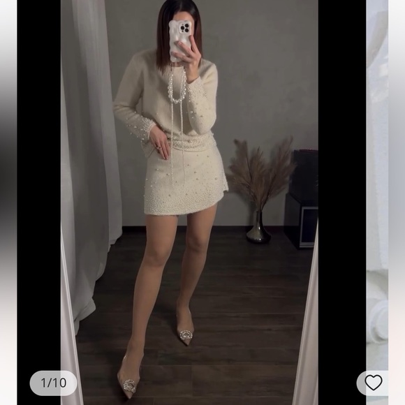 ZARA 2 PIECES MATCHING SET KNIT SWEATER WITH PEARLS AND PEARL KNIT MINI SKIRT - Picture 10 of 16